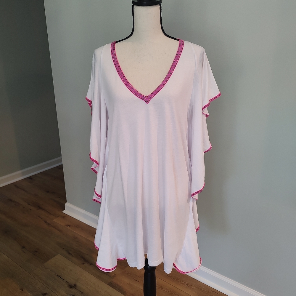 Pitusa V-neck Flutter Sleeve Mini Dress Pink Inca Trim Cotton Blend Standard